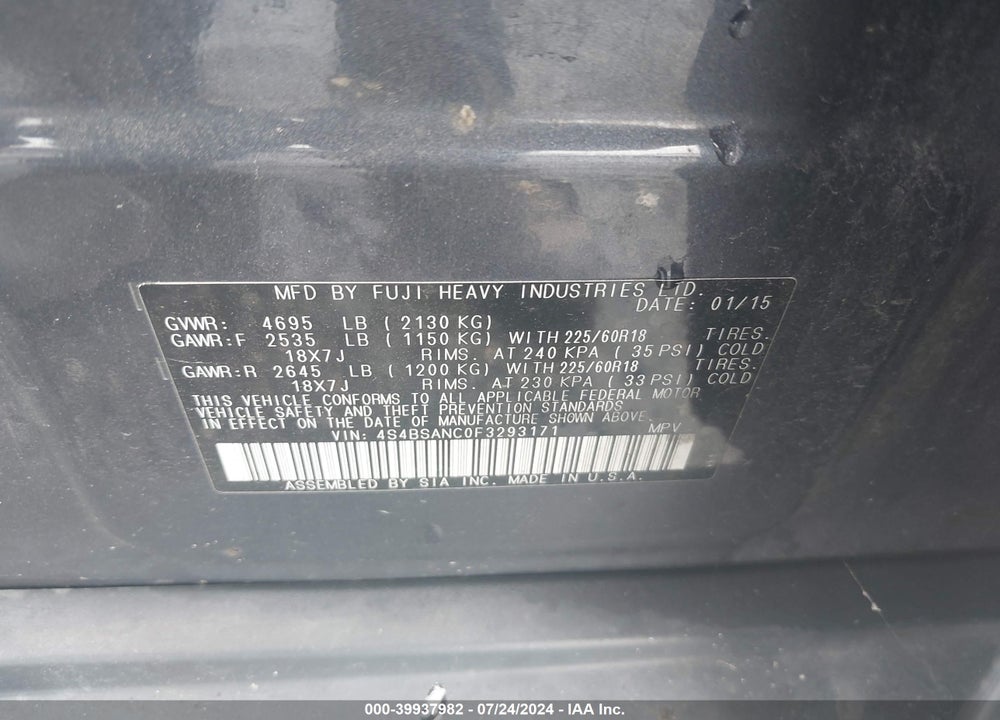2015 SUBARU OUTBACK 2.5I LIMITED VIN: 4S4BSANC0F3293171