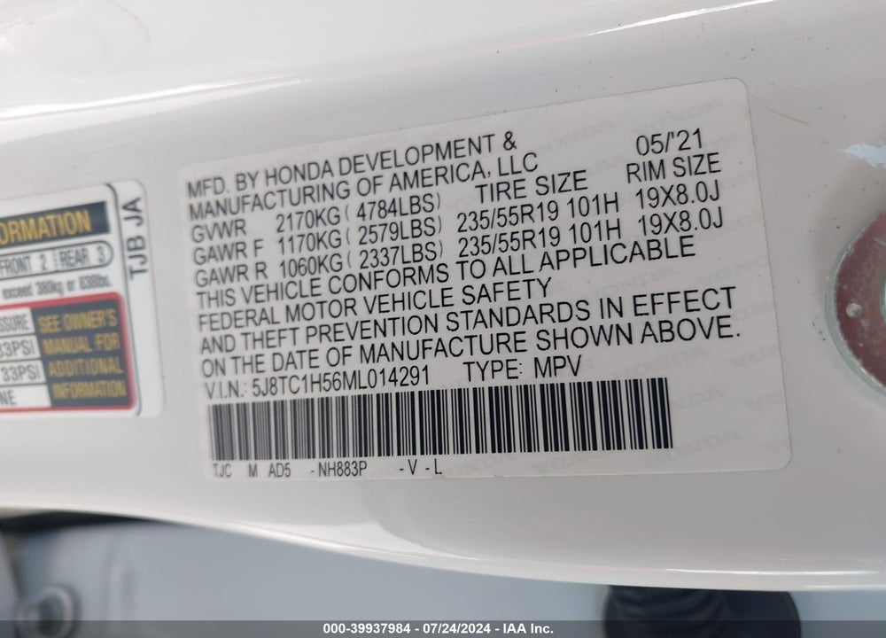 2021 ACURA RDX TECHNOLOGY PACKAGE VIN: 5J8TC1H56ML014291