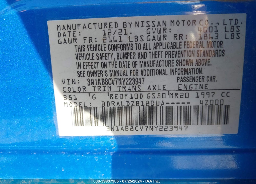 2022 NISSAN SENTRA SV XTRONIC CVT VIN: 3N1AB8CV7NY223947