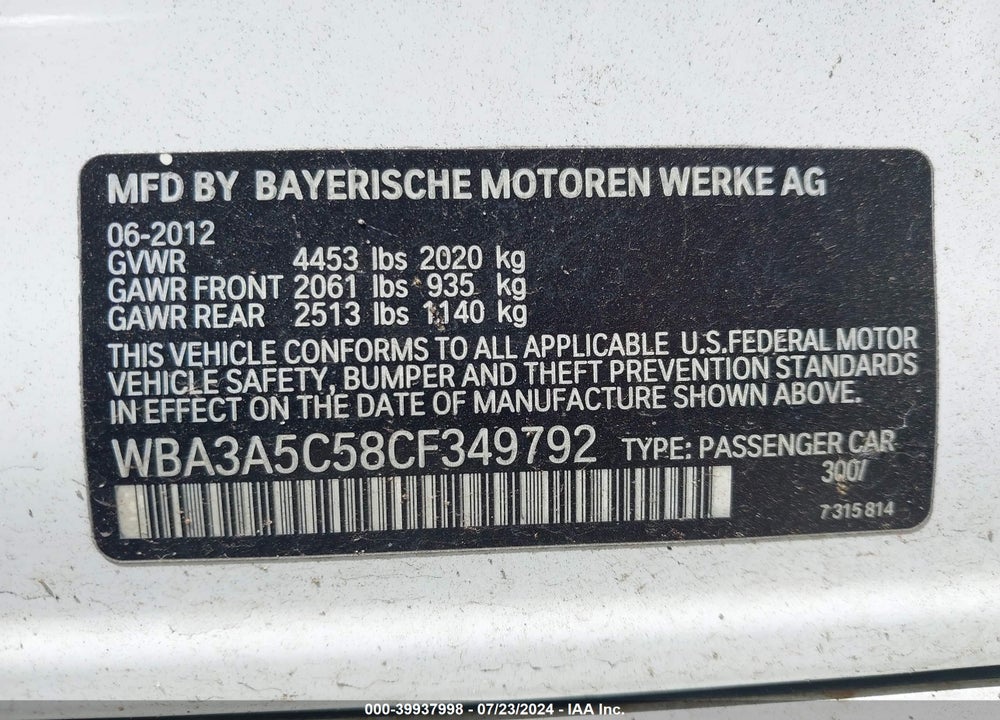 2012 BMW 328I VIN: WBA3A5C58CF349792