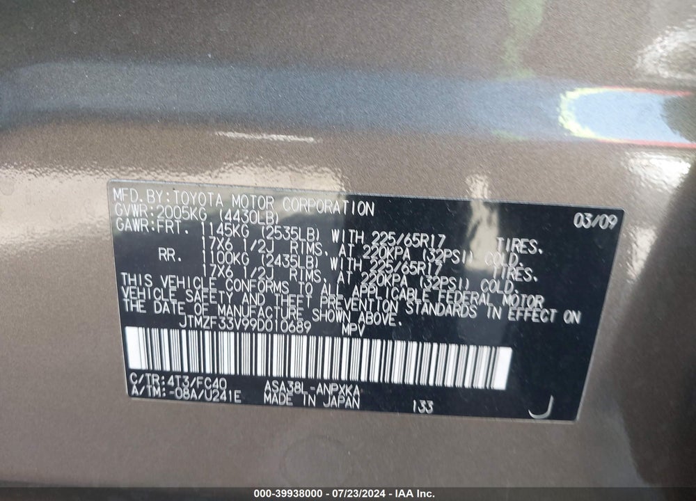 2009 TOYOTA RAV4 VIN: JTMZF33V99D010689