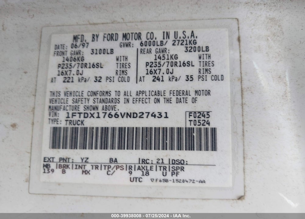 1997 FORD F-150 LARIAT/STANDARD/XL/XLT VIN: 1FTDX1766VND27431