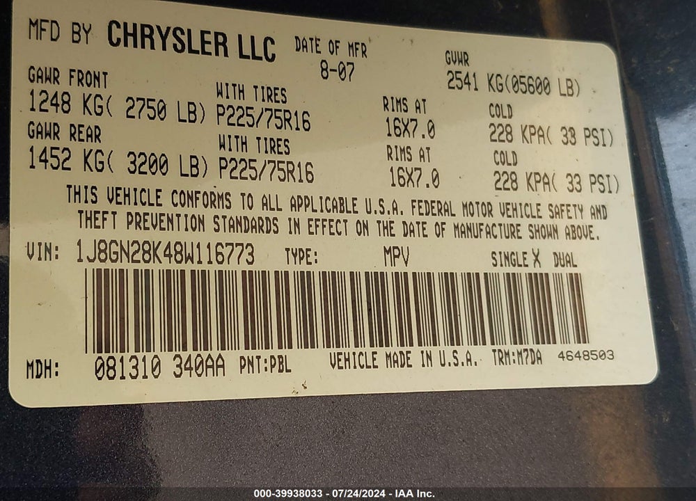 2008 JEEP LIBERTY SPORT VIN: 1J8GN28K48W116773