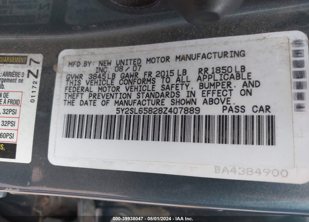 2008 PONTIAC VIBE VIN: 5Y2SL65828Z407889