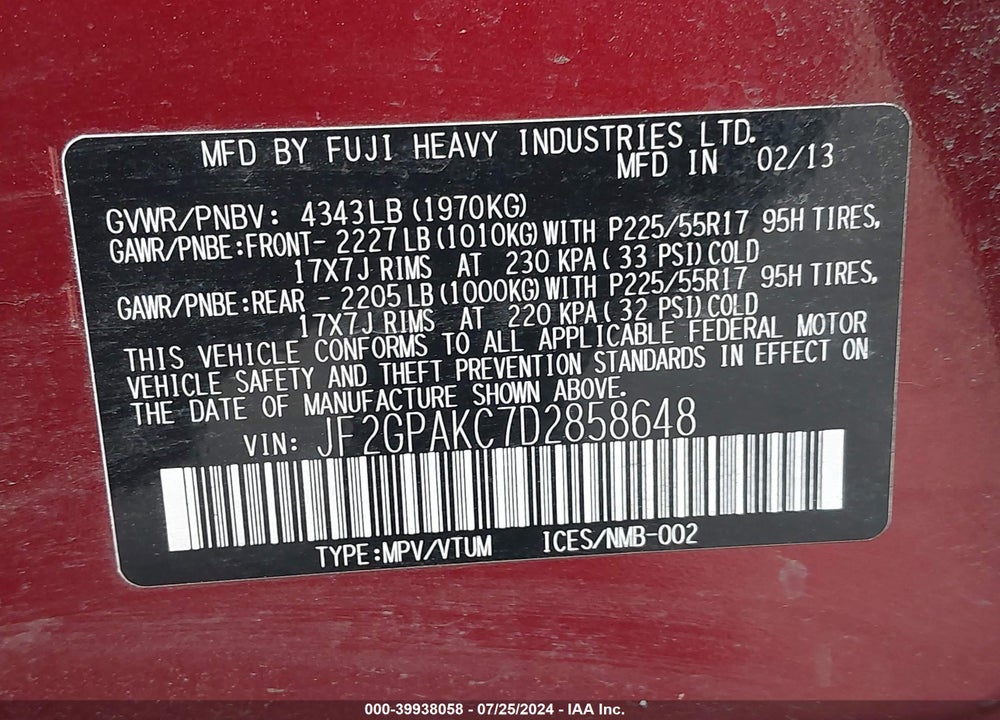 2013 SUBARU XV CROSSTREK 2.0I LIMITED VIN: JF2GPAKC7D2858648