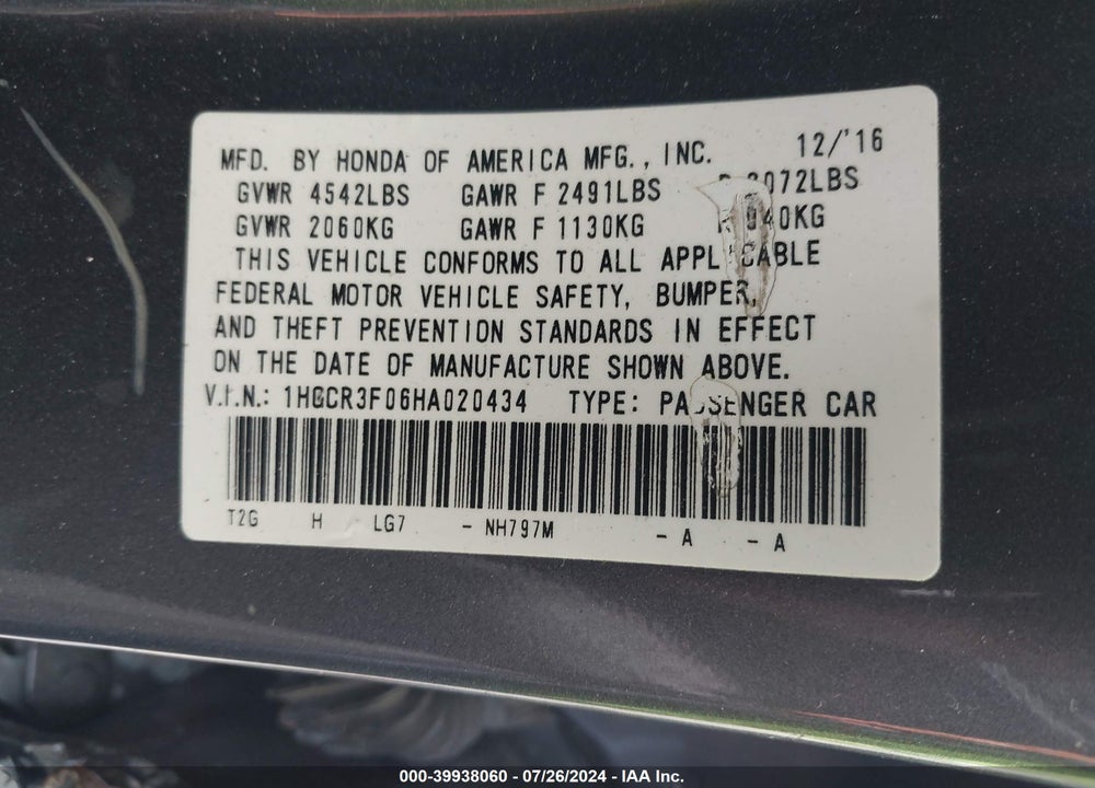 2017 HONDA ACCORD EX-L V6 VIN: 1HGCR3F06HA020434