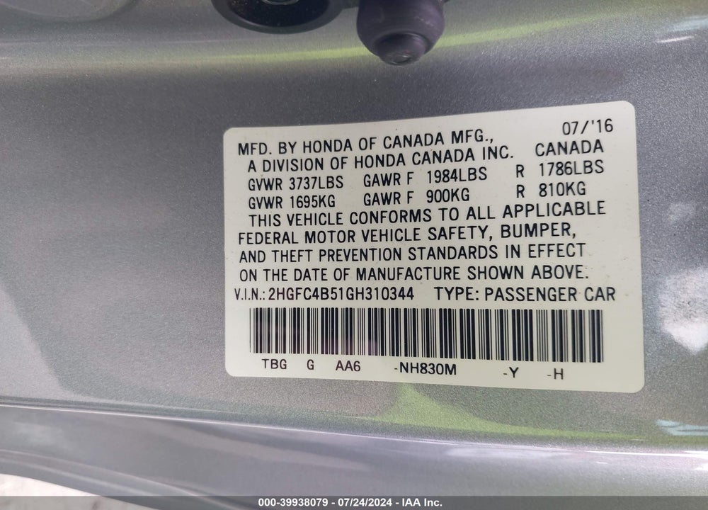 2016 HONDA CIVIC LX VIN: 2HGFC4B51GH310344