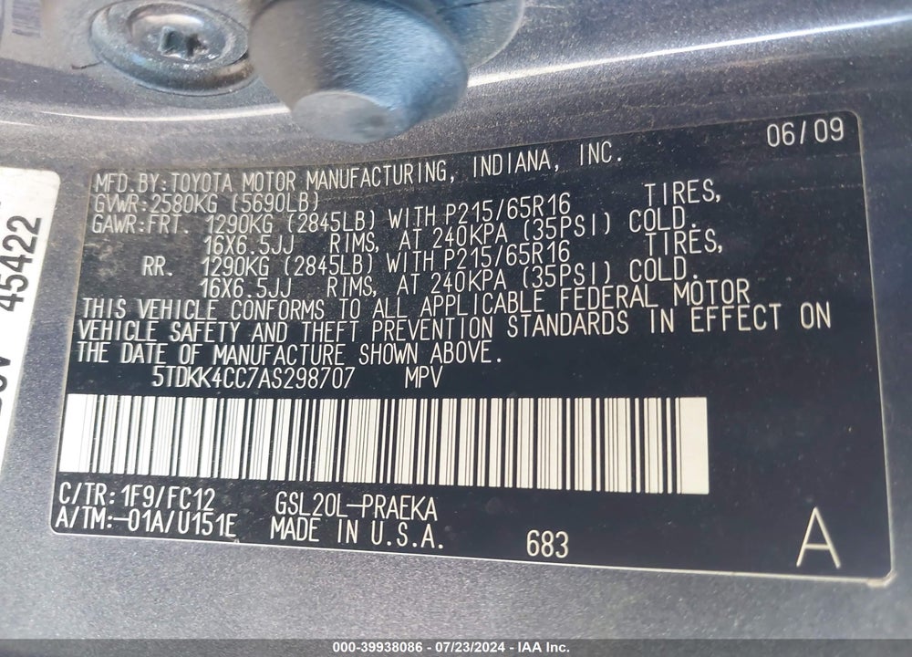 2010 TOYOTA SIENNA LE VIN: 5TDKK4CC7AS298707