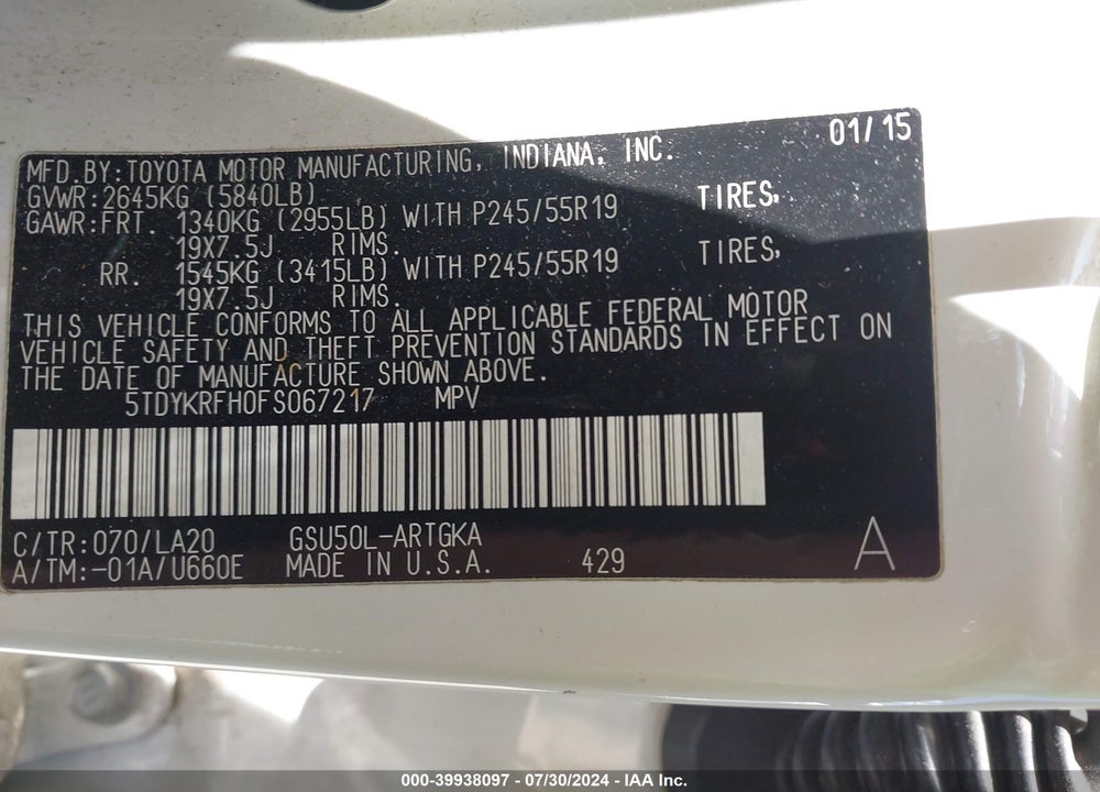 2015 TOYOTA HIGHLANDER VIN: 5TDYKRFH0FS067217