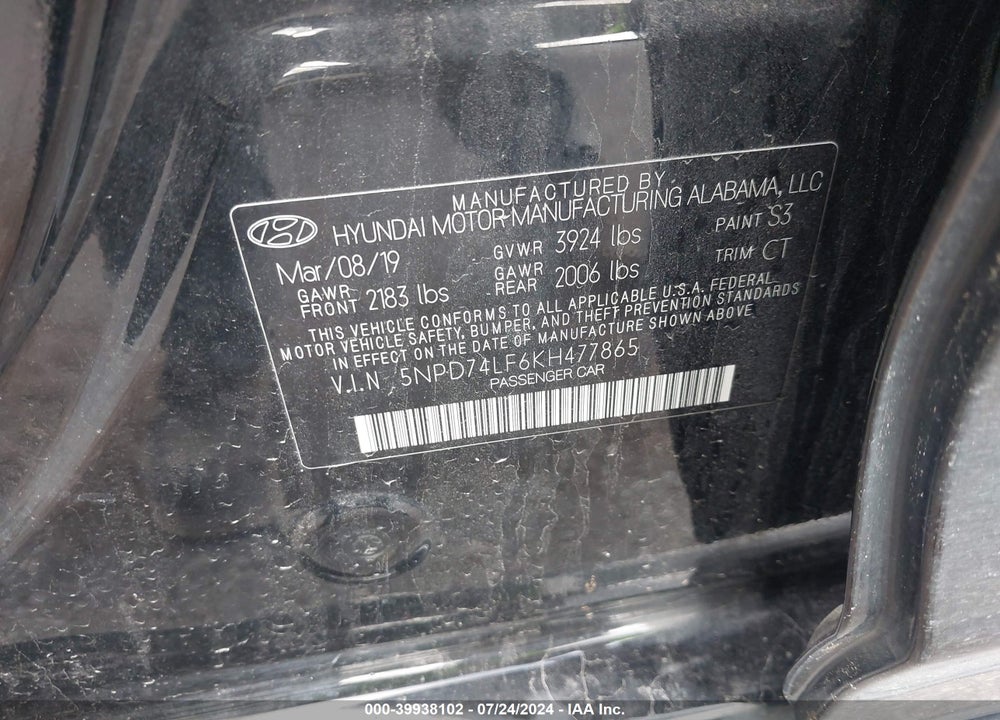 2019 HYUNDAI ELANTRA SE VIN: 5NPD74LF6KH477865