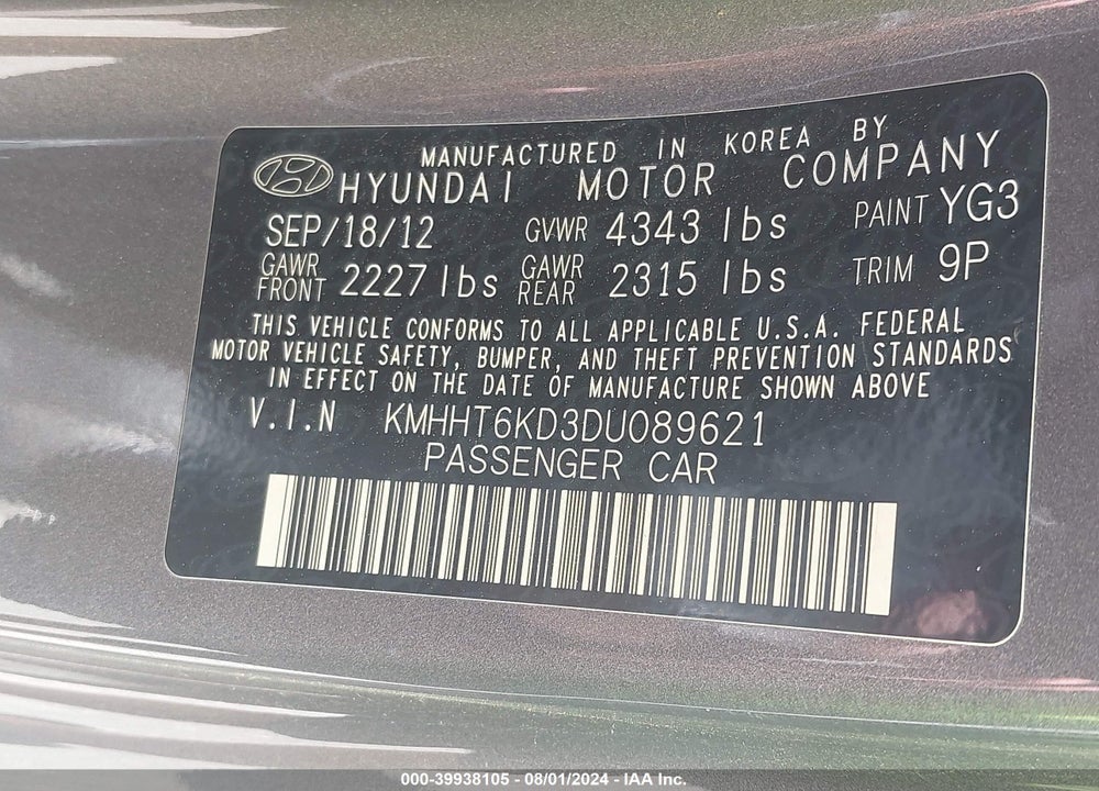 2013 HYUNDAI GENESIS 2.0T VIN: KMHHT6KD3DU089621