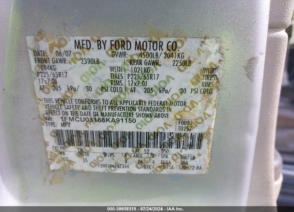 2008 FORD ESCAPE XLT VIN: 1FMCU03188KA91150