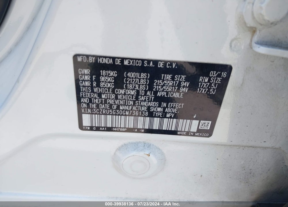 2016 HONDA HR-V LX VIN: 3CZRU5G30GM736138