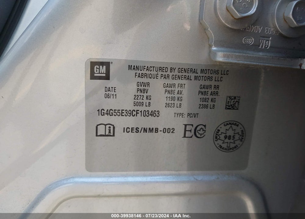 2012 BUICK LACROSSE VIN: 1G4G55E39CF103463