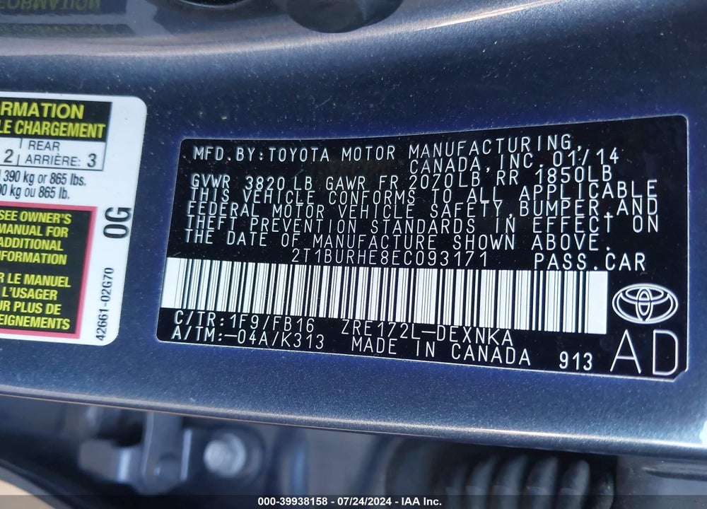 2014 TOYOTA COROLLA LE VIN: 2T1BURHE8EC093171