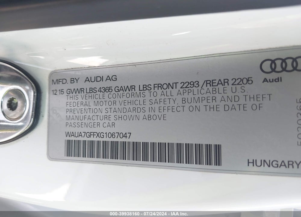 2016 AUDI A3 1.8T PREMIUM VIN: WAUA7GFFXG1067047