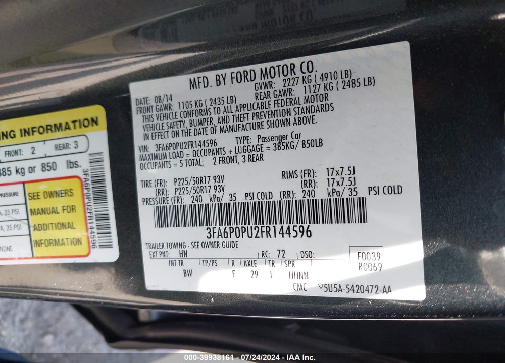2015 FORD FUSION ENERGI SE LUXURY VIN: 3FA6P0PU2FR144596