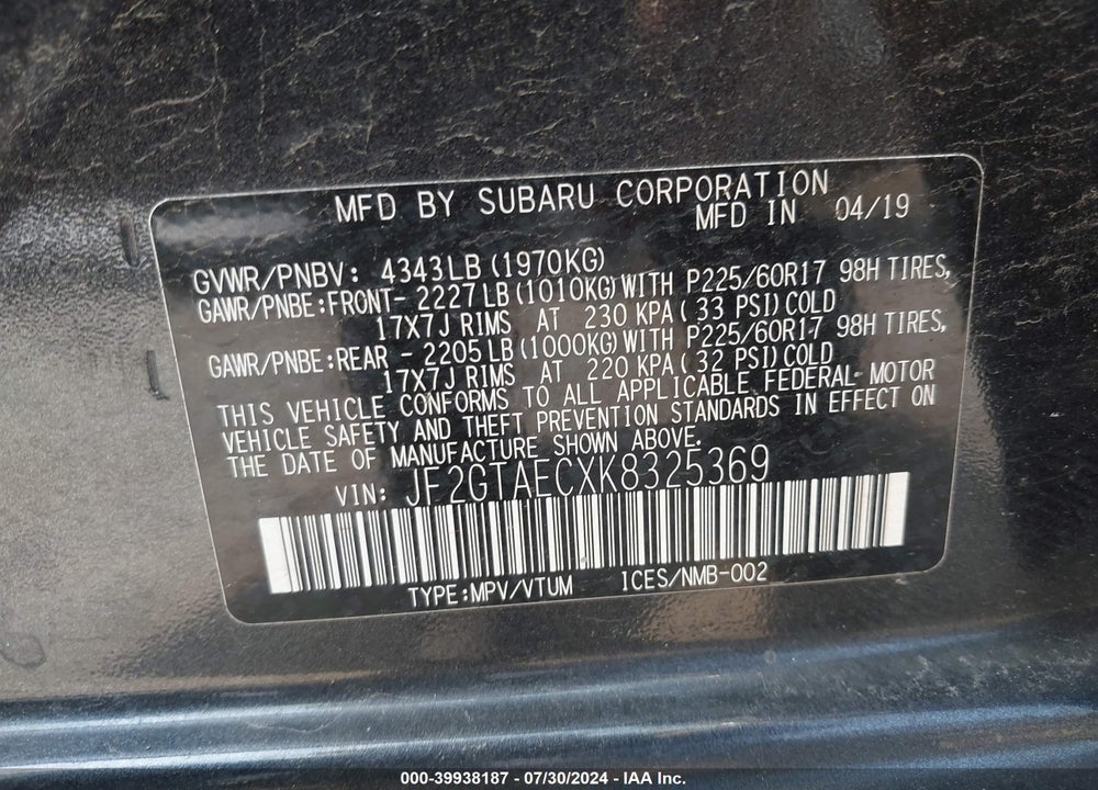 2019 SUBARU CROSSTREK 2.0I PREMIUM VIN: JF2GTAECXK8325369