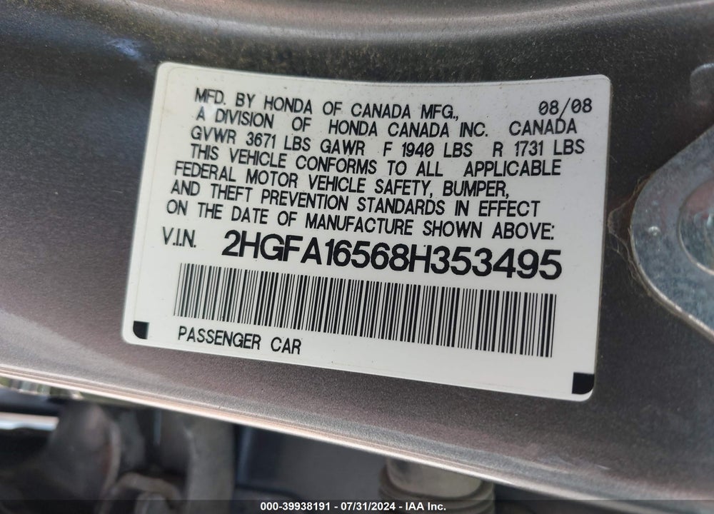 2008 HONDA CIVIC SDN LX VIN: 2HGFA16568H353495