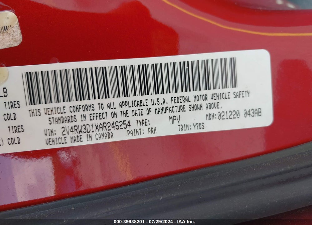 2010 VOLKSWAGEN ROUTAN SE VIN: 2V4RW3D1XAR246254