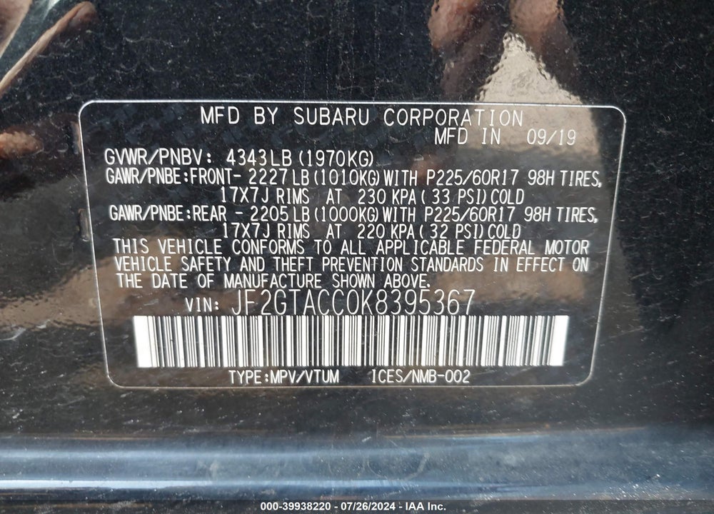 2019 SUBARU CROSSTREK 2.0I PREMIUM VIN: JF2GTACC0K8395367