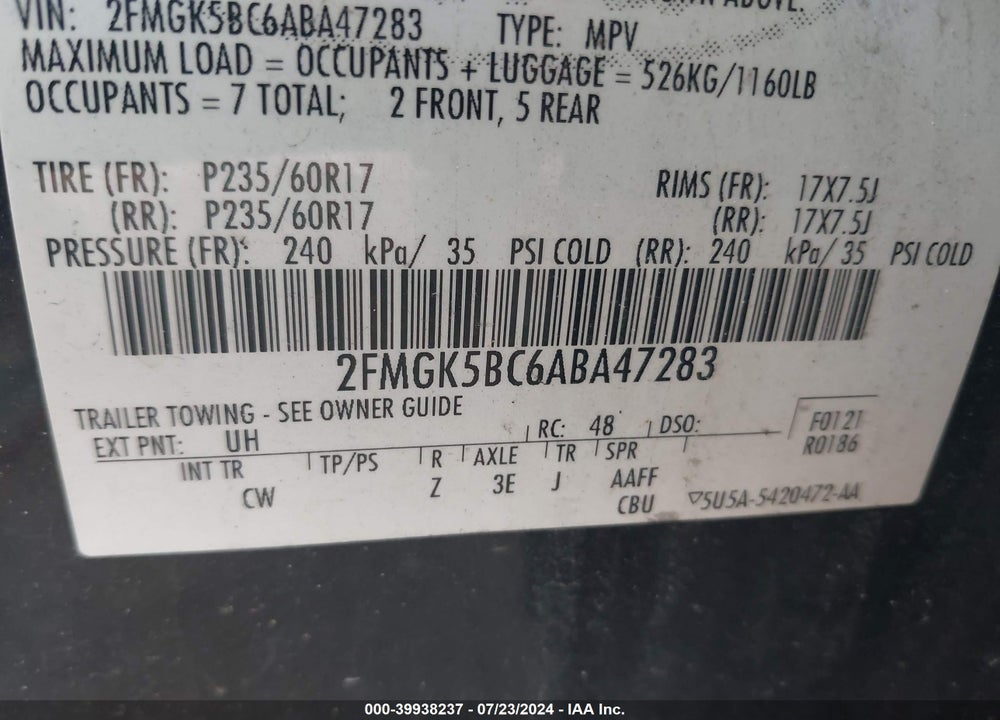 2010 FORD FLEX SE VIN: 2FMGK5BC6ABA47283