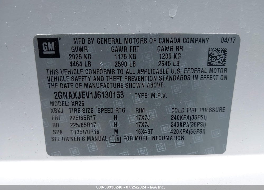 2018 CHEVROLET EQUINOX LT VIN: 2GNAXJEV1J6130153