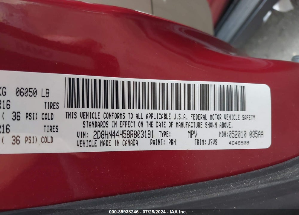 2008 DODGE GRAND CARAVAN SE VIN: 2D8HN44H58R803191