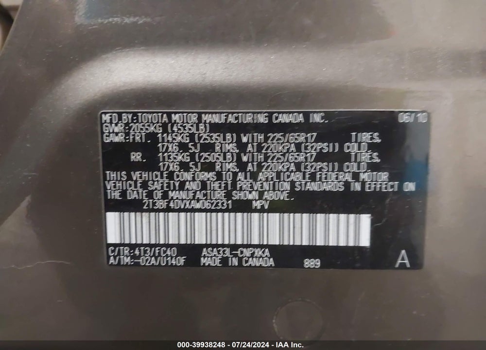 2010 TOYOTA RAV4 VIN: 2T3BF4DVXAW062331