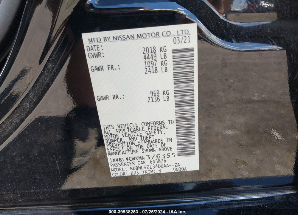 2021 NISSAN ALTIMA SR INTELLIGENT AWD VIN: 1N4BL4CWXMN376355