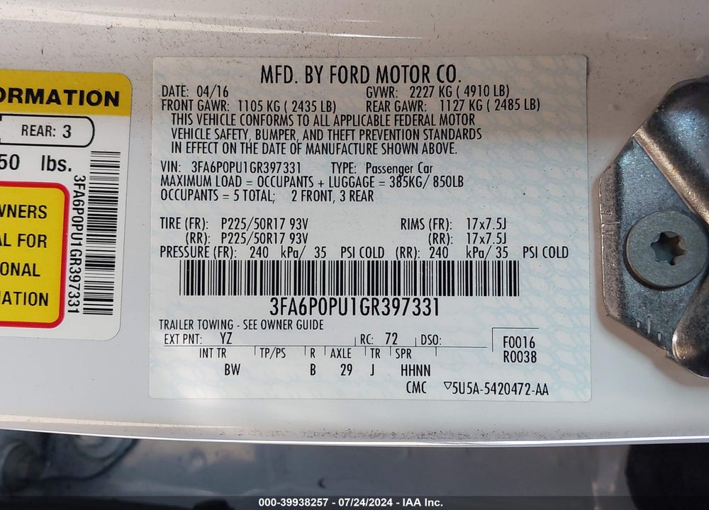 2016 FORD FUSION ENERGI SE LUXURY VIN: 3FA6P0PU1GR397331
