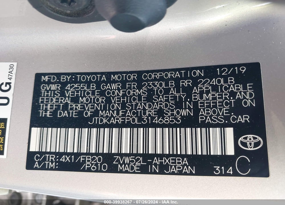2020 TOYOTA PRIUS PRIME LE VIN: JTDKARFP0L3146853