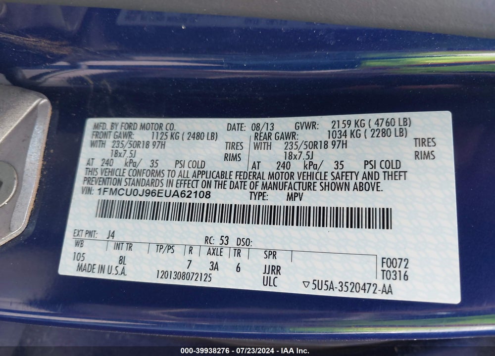 2014 FORD ESCAPE TITANIUM VIN: 1FMCU0J96EUA62108