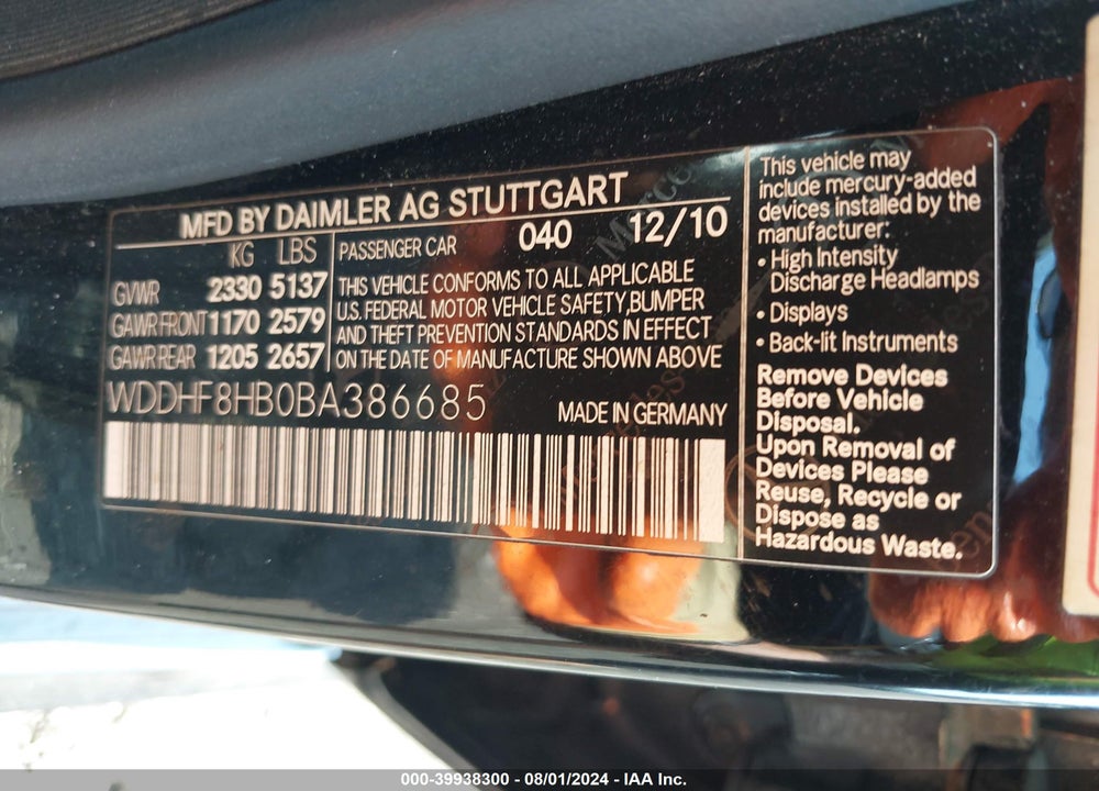 2011 MERCEDES-BENZ E 350 4MATIC VIN: WDDHF8HB0BA386685