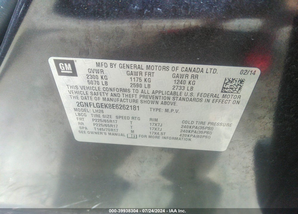 2014 CHEVROLET EQUINOX 2LT VIN: 2GNFLGEK8E6262181
