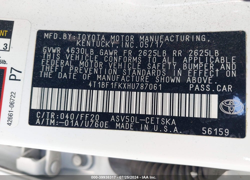 2017 TOYOTA CAMRY SE VIN: 4T1BF1FKXHU787061
