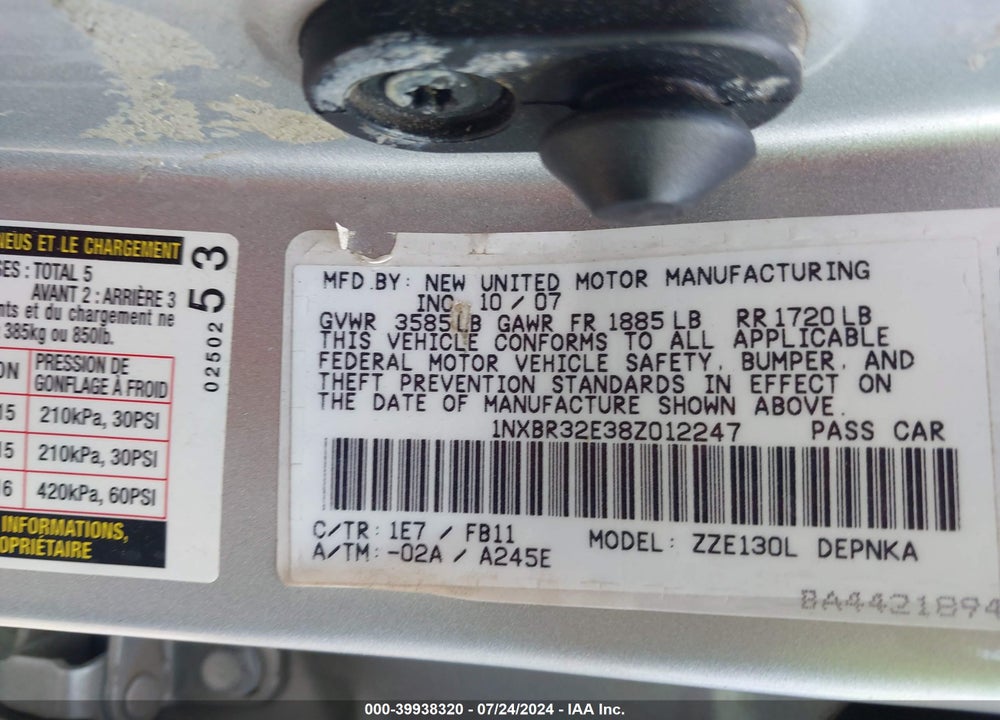 2008 TOYOTA COROLLA LE VIN: 1NXBR32E38Z012247