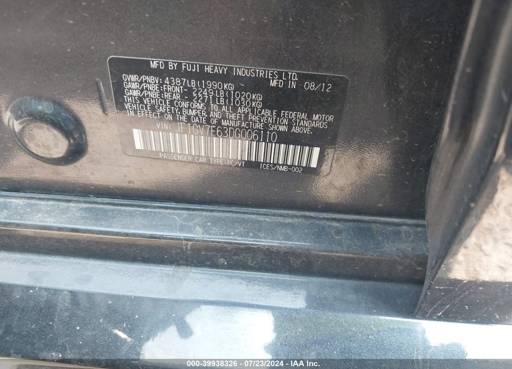 2013 SUBARU IMPREZA WRX PREMIUM VIN: JF1GV7F63DG006110