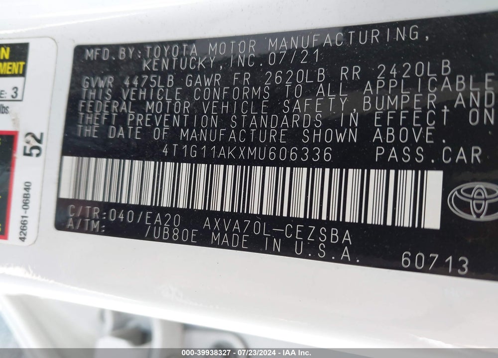 2021 TOYOTA CAMRY SE VIN: 4T1G11AKXMU606336