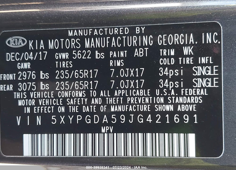 2018 KIA SORENTO 3.3L LX VIN: 5XYPGDA59JG421691