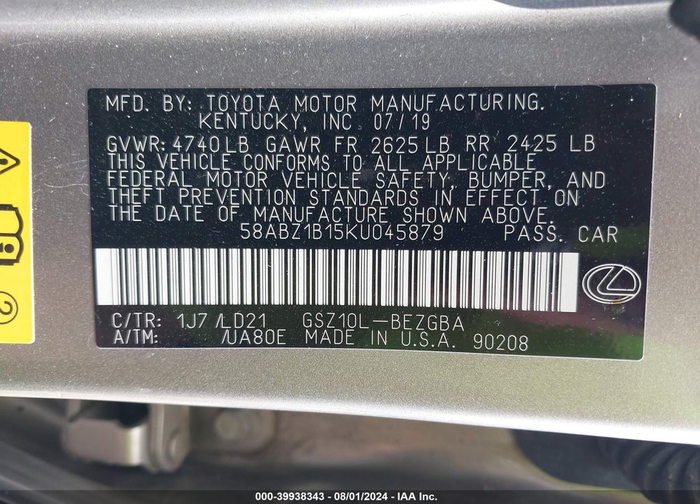 2019 LEXUS ES 350 VIN: 58ABZ1B15KU045879