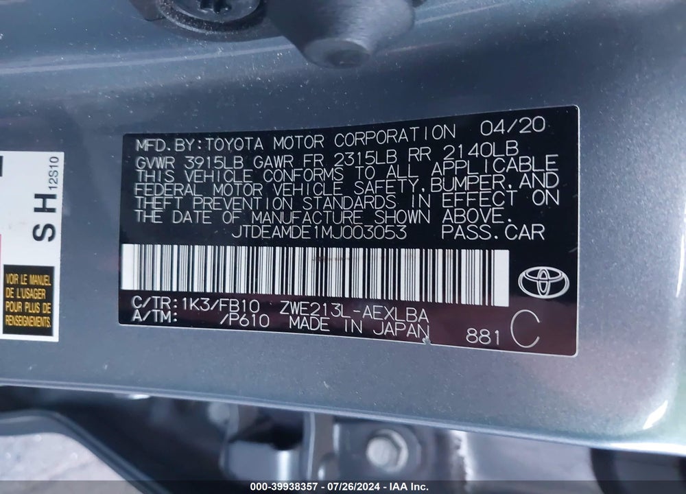 2021 TOYOTA COROLLA HYBRID LE VIN: JTDEAMDE1MJ003053
