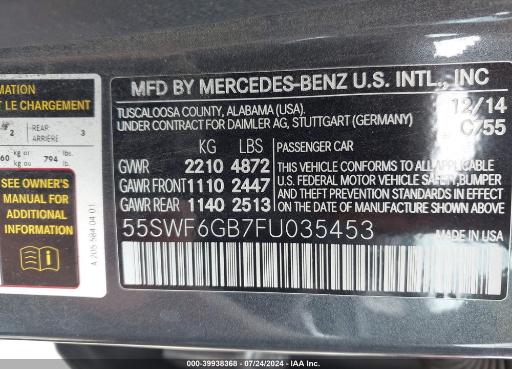 2015 MERCEDES-BENZ C 400 4MATIC VIN: 55SWF6GB7FU035453