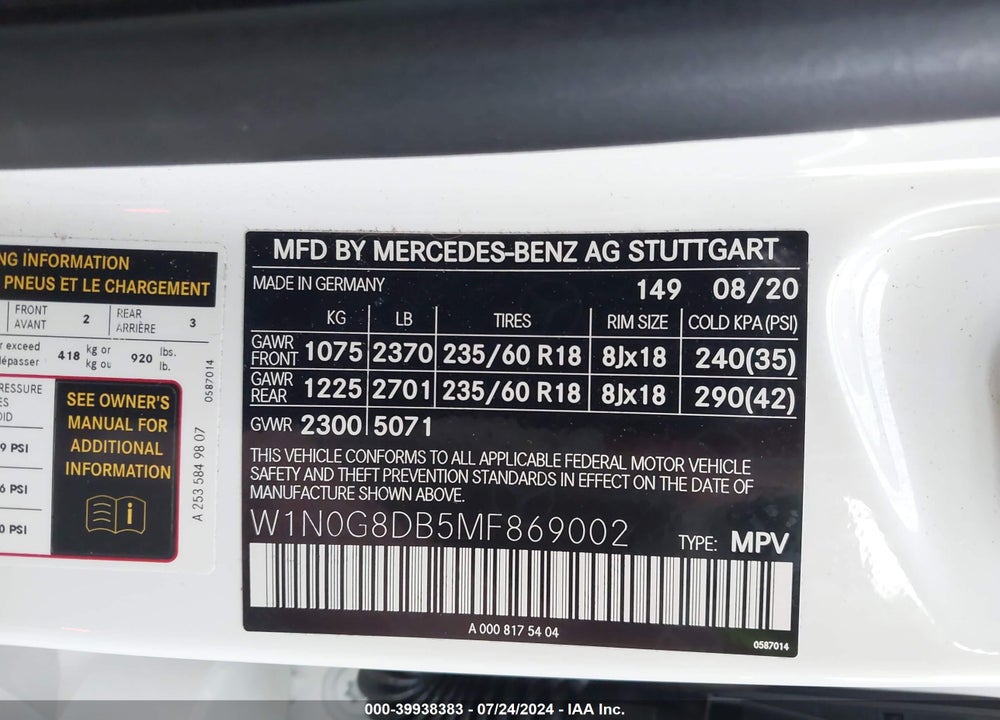 2021 MERCEDES-BENZ GLC 300 SUV VIN: W1N0G8DB5MF869002