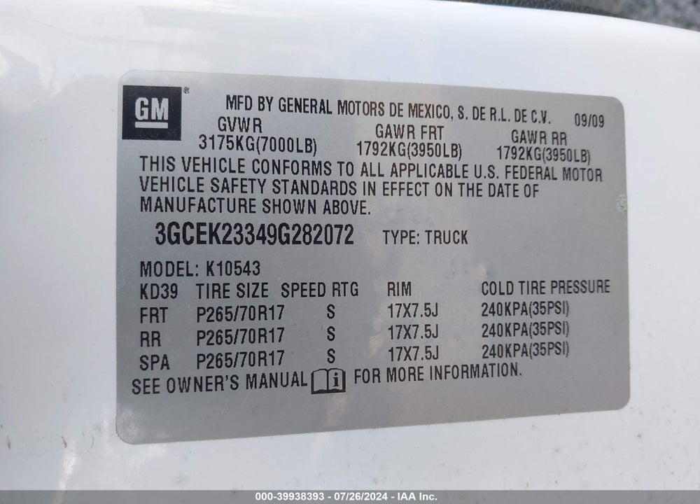 2009 CHEVROLET SILVERADO 1500 LT VIN: 3GCEK23349G282072