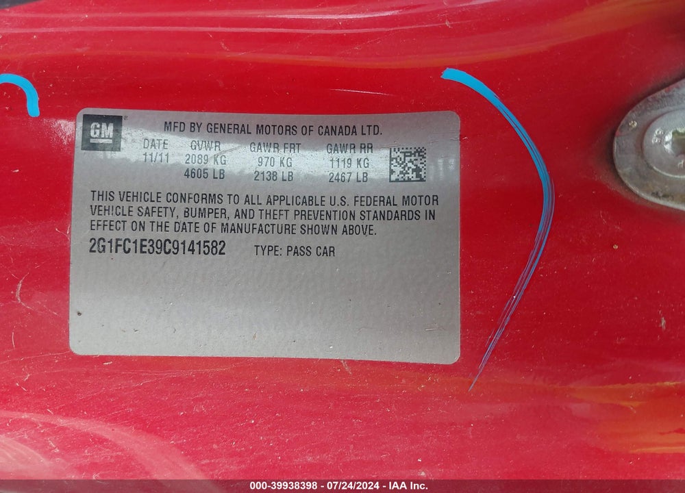 2012 CHEVROLET CAMARO 2LT VIN: 2G1FC1E39C9141582