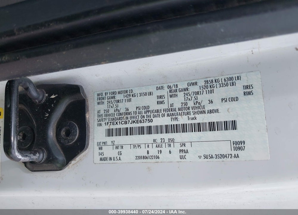 2018 FORD F-150 XL VIN: 1FTEX1CB7JKE63750