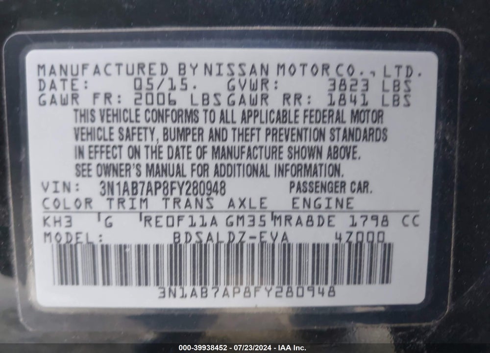 2015 NISSAN SENTRA VIN: 3N1AB7AP8FY280948