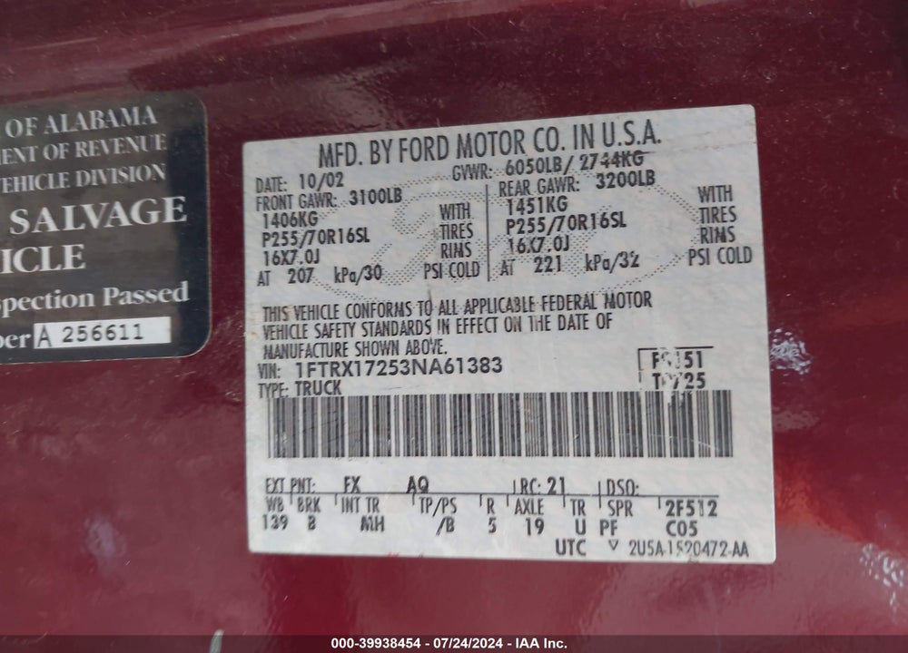 2003 FORD F-150 XL/XLT/XLT HERITAGE VIN: 1FTRX17253NA61383