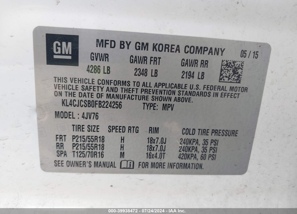 2015 BUICK ENCORE LEATHER VIN: KL4CJCSB0FB224256